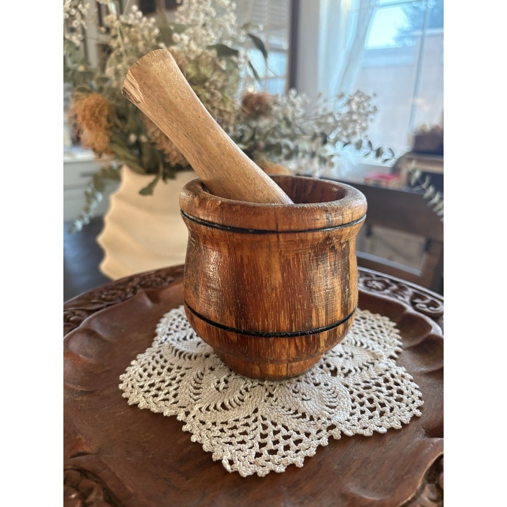 Vintage Handmade Wooden Mortar and Pestle Set - Solid Wood Herb & Spice Grinder
